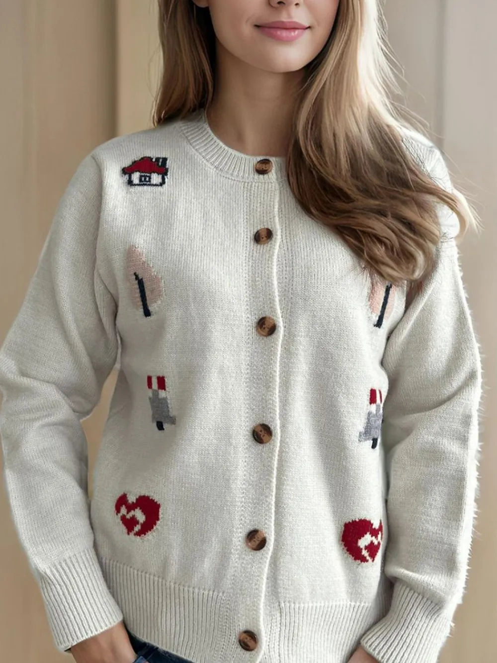 Button Up Round Neck Long Sleeve Cardigan - Lilixa.store