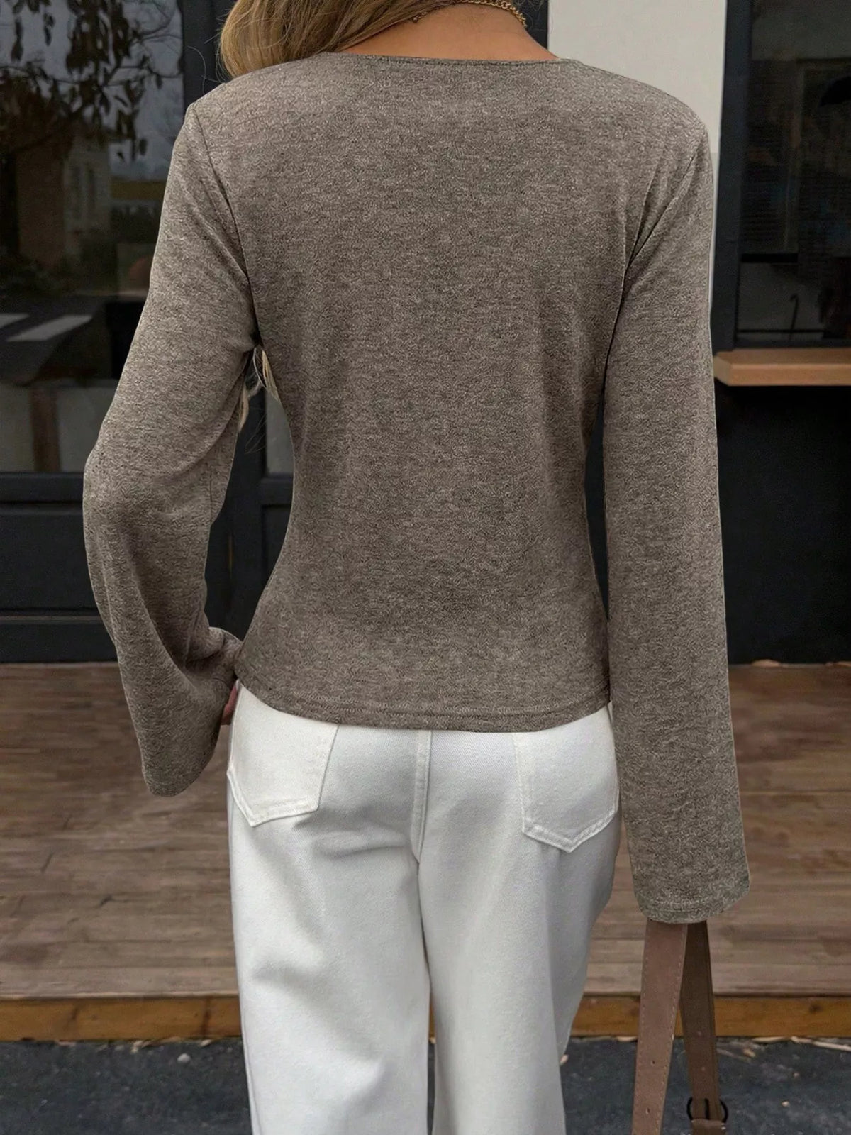 Elegant V-Neck Wrap Asymmetrical Blouse with Flared Sleeves, view 2