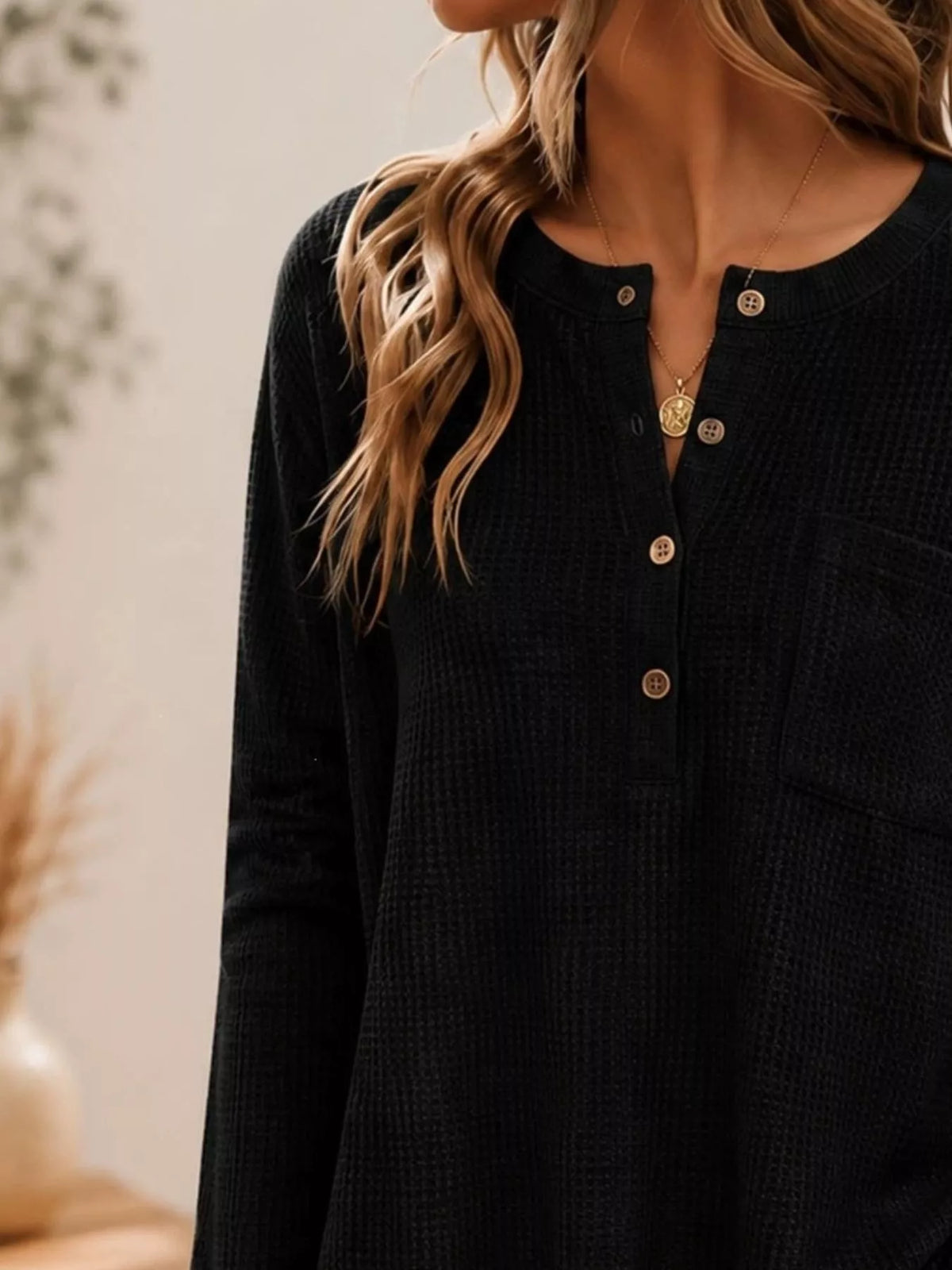 Waffle Knit Button Detail Top - Lilixa.store