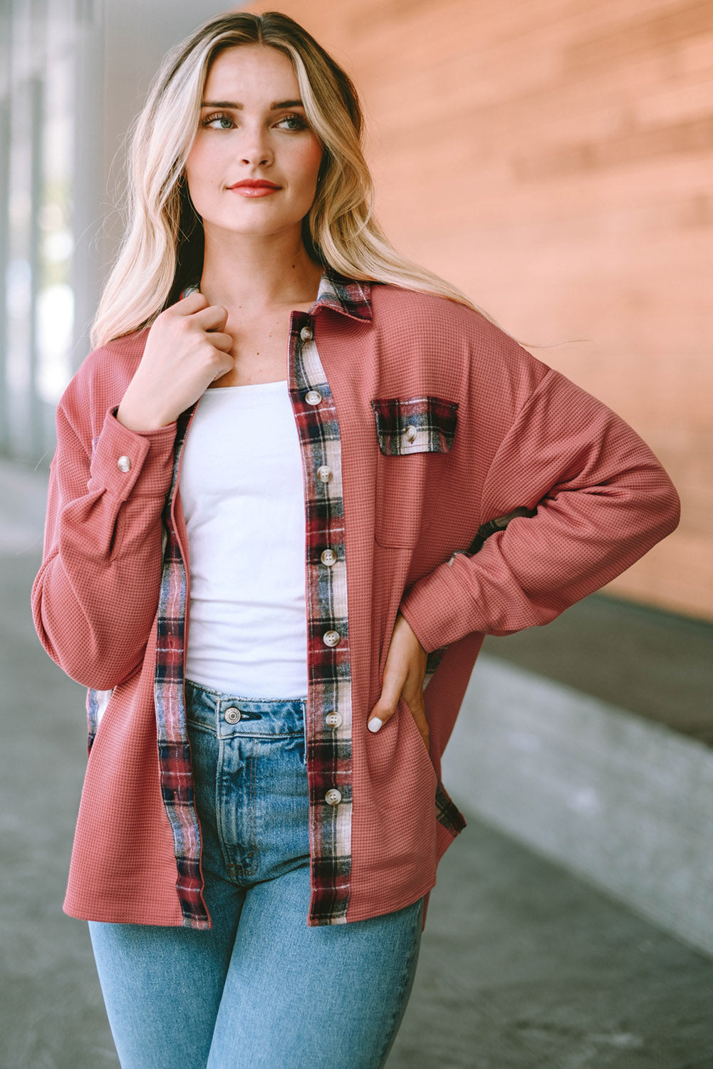 Plaid Button Down Collared Jacket in Strawberry
