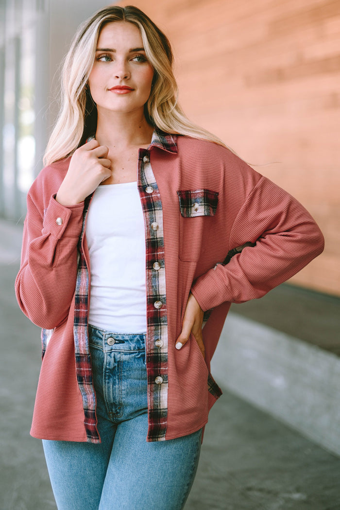 Plaid Button Down Collared Jacket in Strawberry