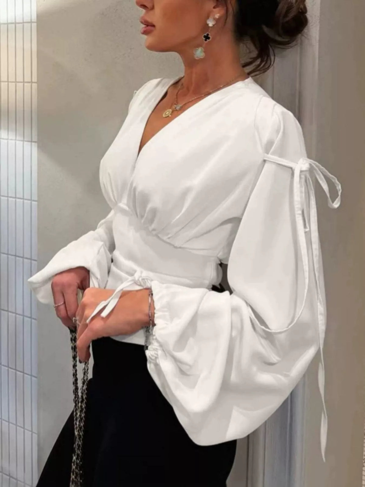 Tied V-Neck Balloon Sleeve Blouse in White