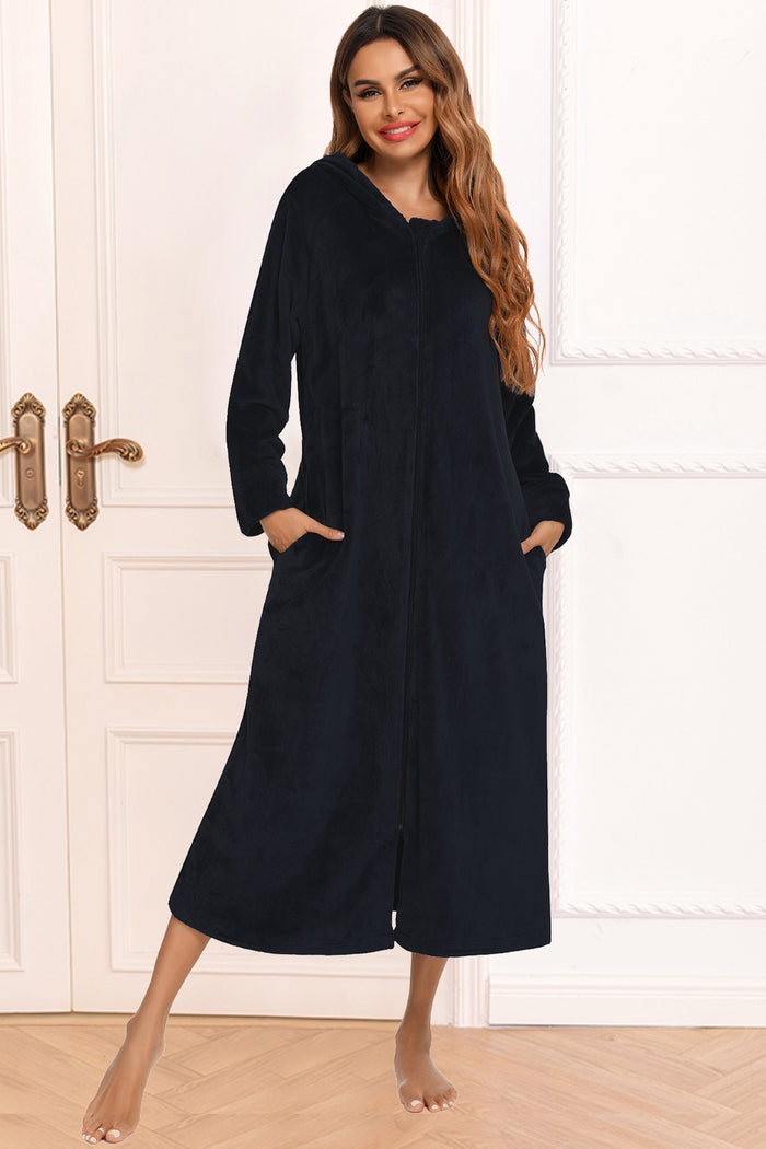 Zip Front Hooded Night Dress with Pockets - Lilixa.store
