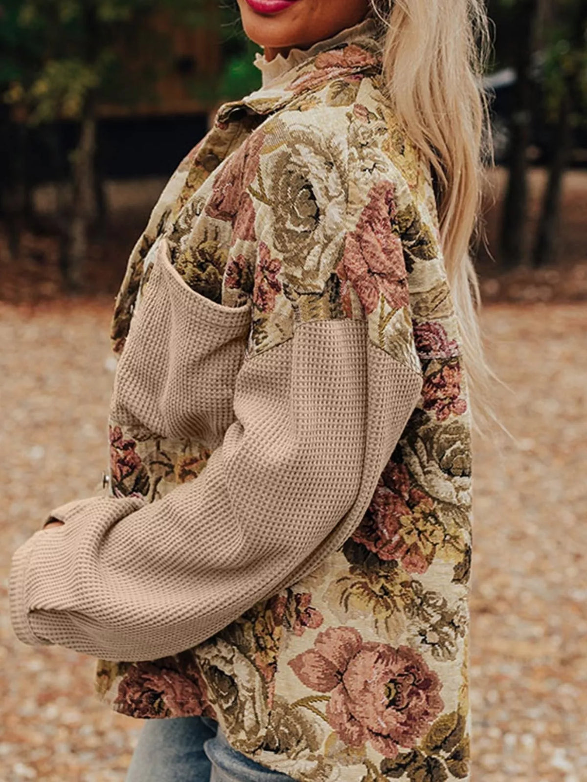 Floral Waffle Knit Patchwork Chest Pockets Buttoned Jacket in Tan, view 4