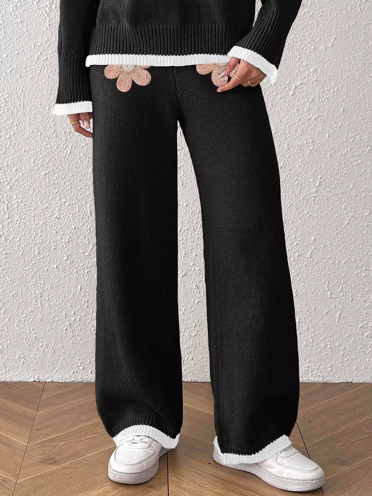 Floral Applique High-Waisted Wide-Leg Sweater Pants