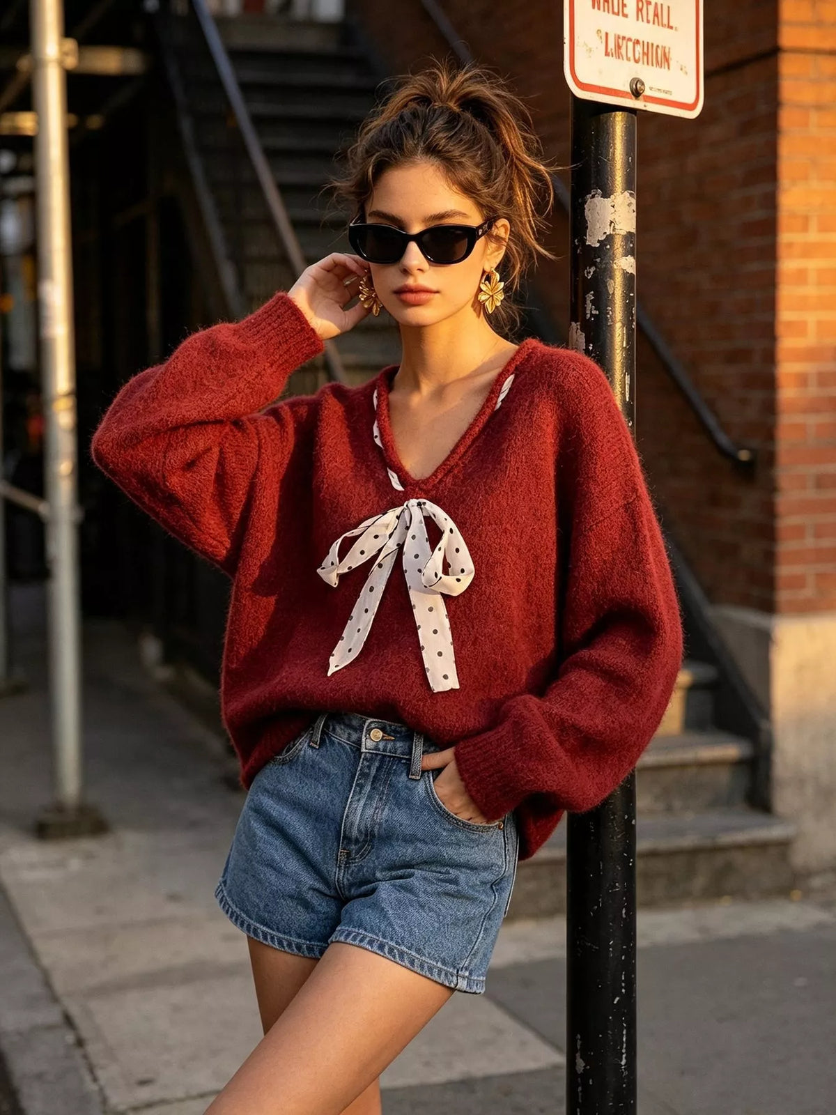 Chic V-Neck Sweater with Polka Dot Ribbon Tie in Wine Red