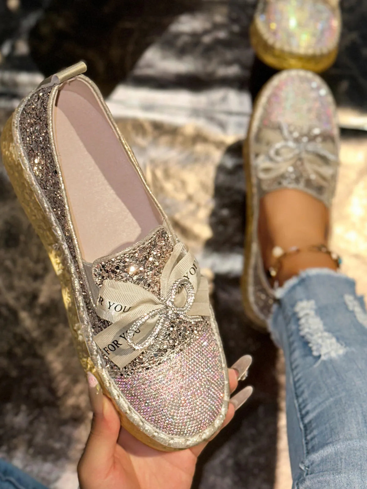 Rhinestone Bow Round Toe Slip-Ons, view 4
