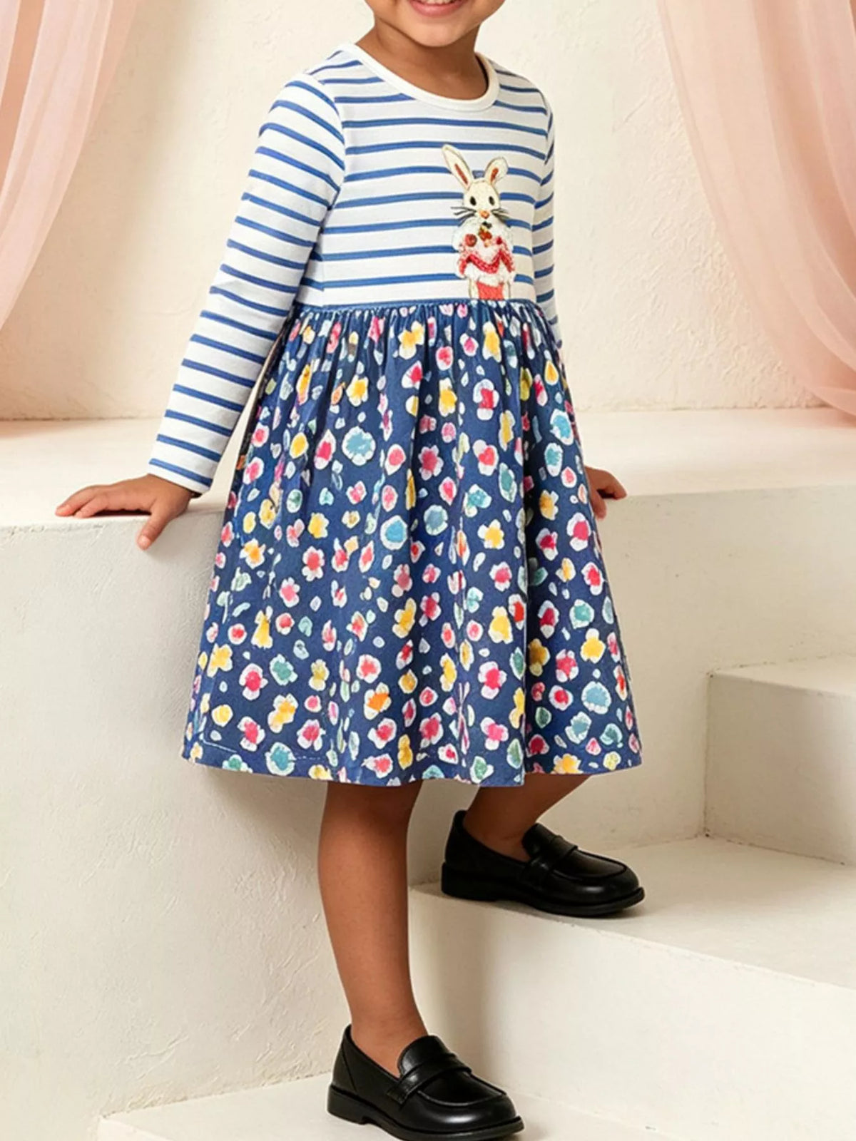 Children's Bunny Graphic Striped Floral Print Dress in Dark Blue, view 2