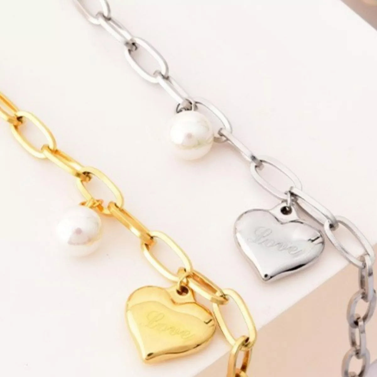 Heart Charm Pearl Accent Chain Bracelet in Silver, view 3