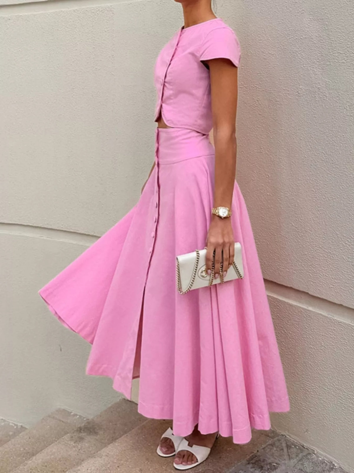 Cap Sleeve Button-Down Crop Top and Midi Skirt Set, view 11