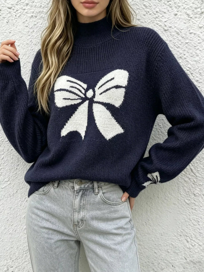 Bowknot Pattern Mock Neck Sweater - Lilixa.store