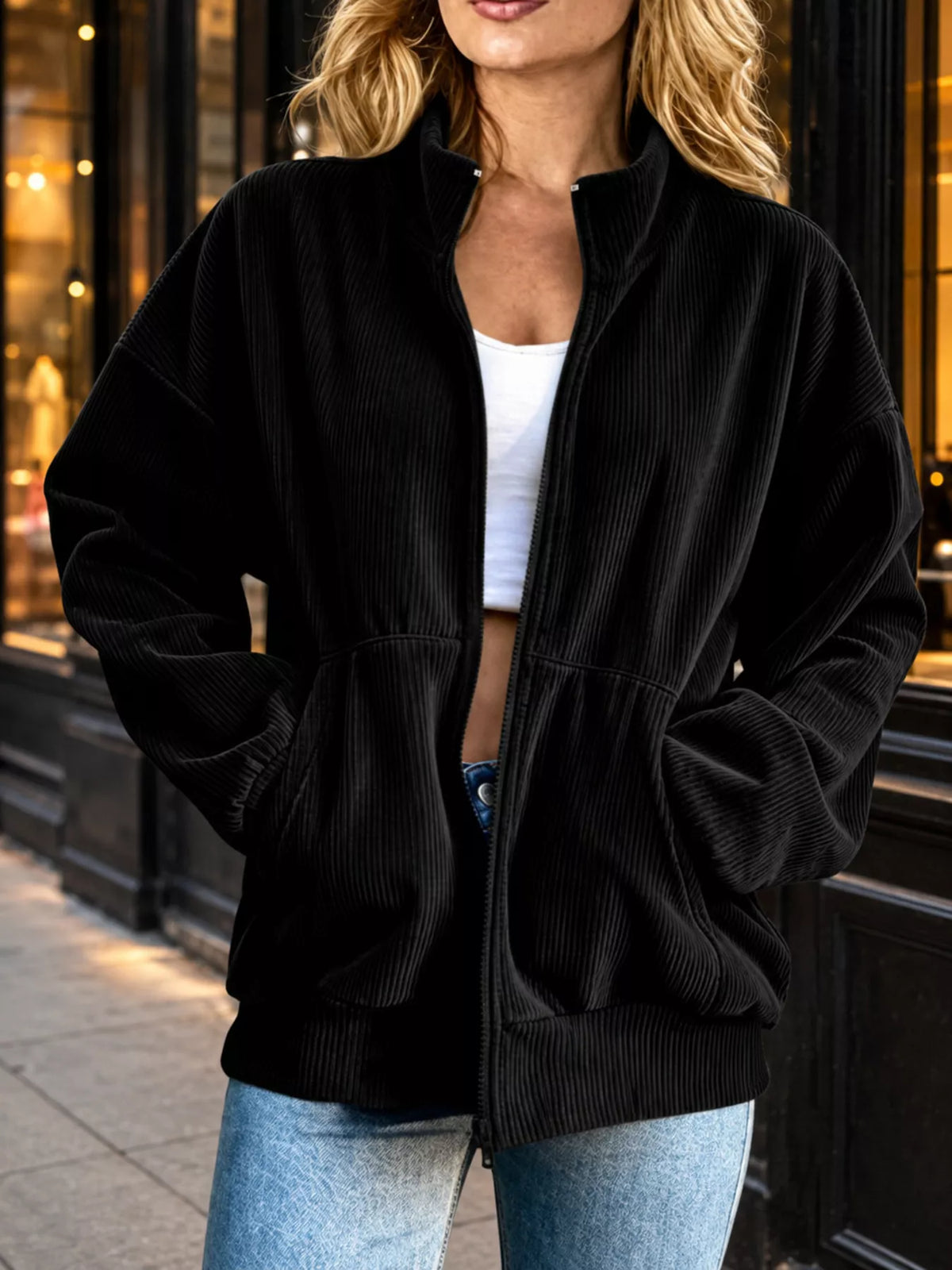 Corduroy Zip-Up Dropped Shoulder Jacket in Black