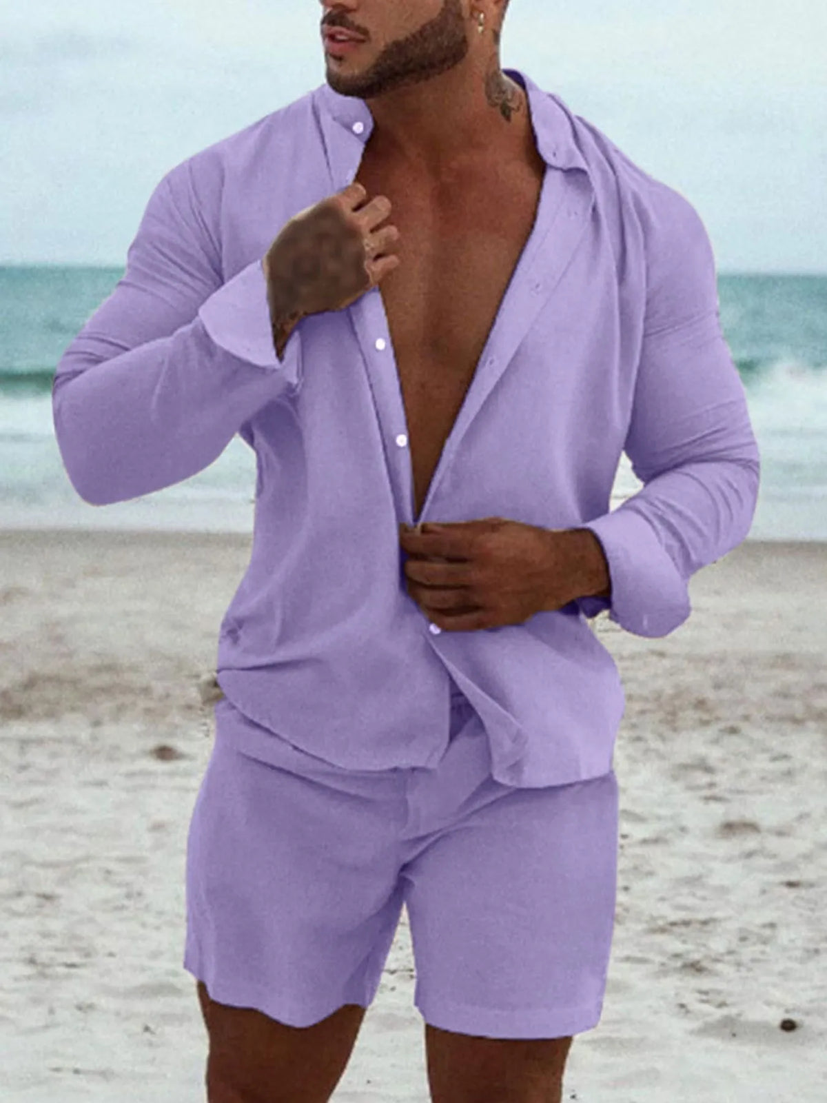 Men's Full Size Button Up Long Sleeve Shirt and Shorts Set Plus Size, view 6