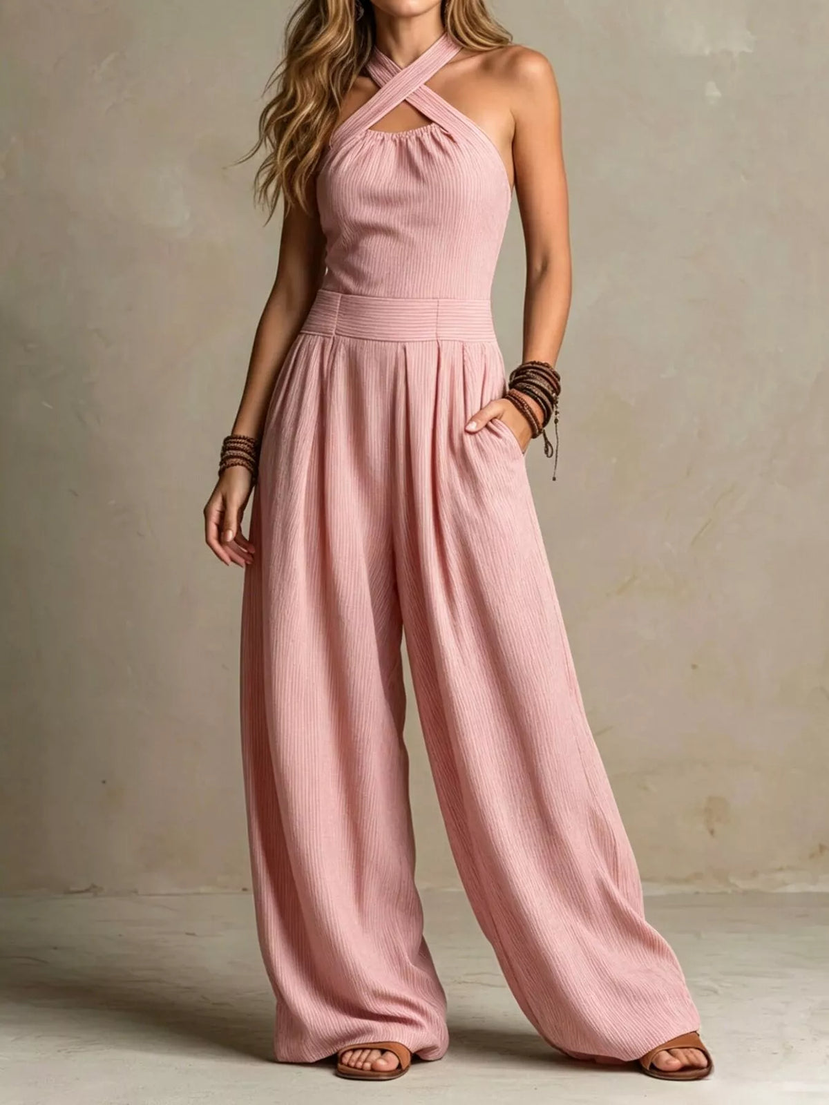 Full Size Halter Neck Wide-Leg Jumpsuit Plus Size in Dusty Pink