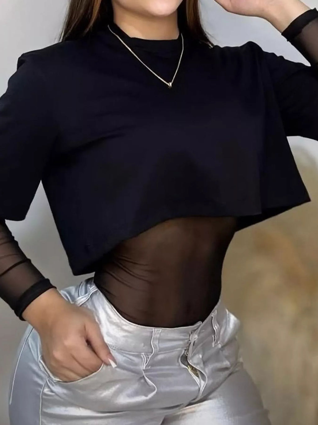 Sheer Mesh Long Sleeve Bodysuit - Lilixa.store