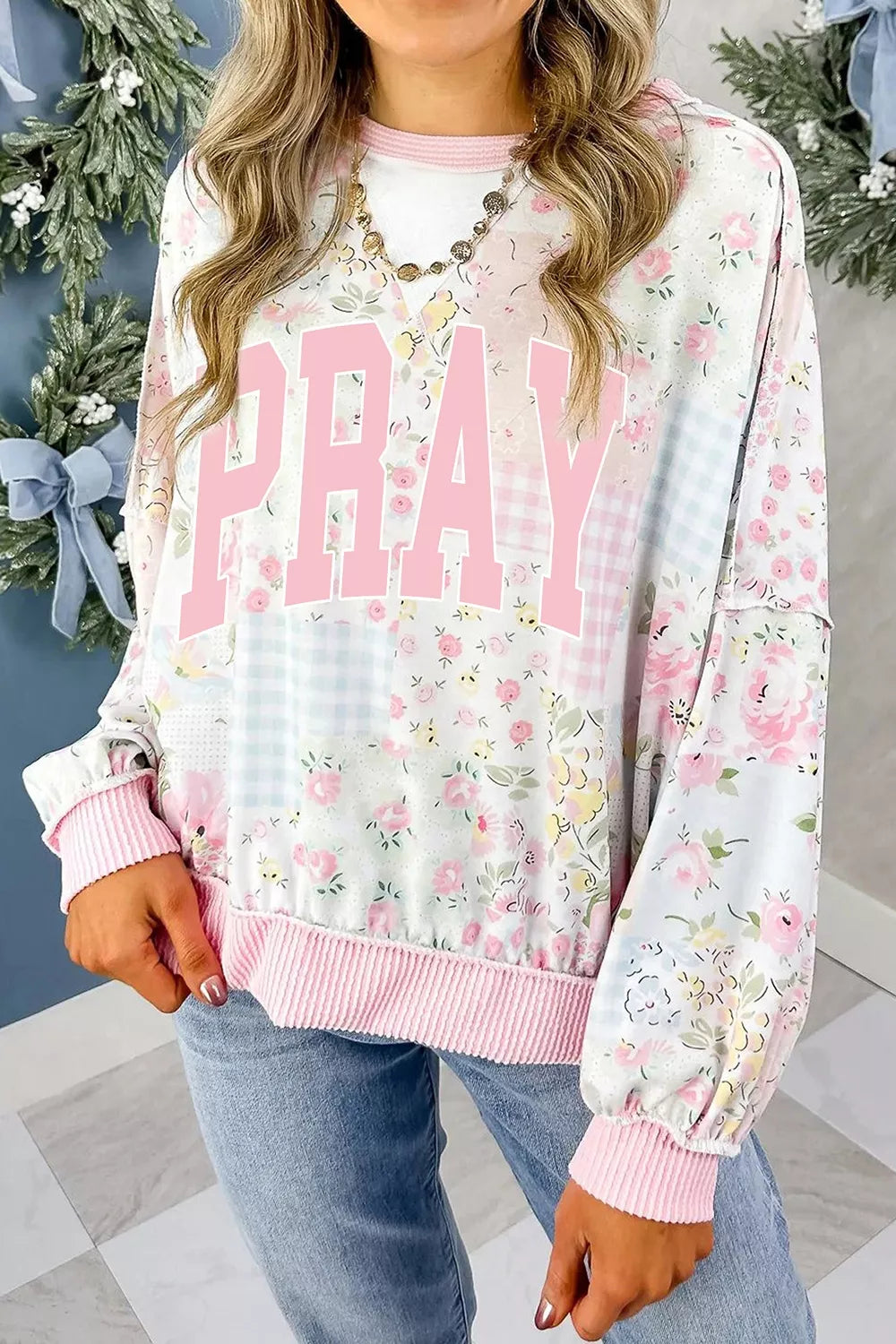 PRAY Graphic Floral Mixed Print Patchwork Top