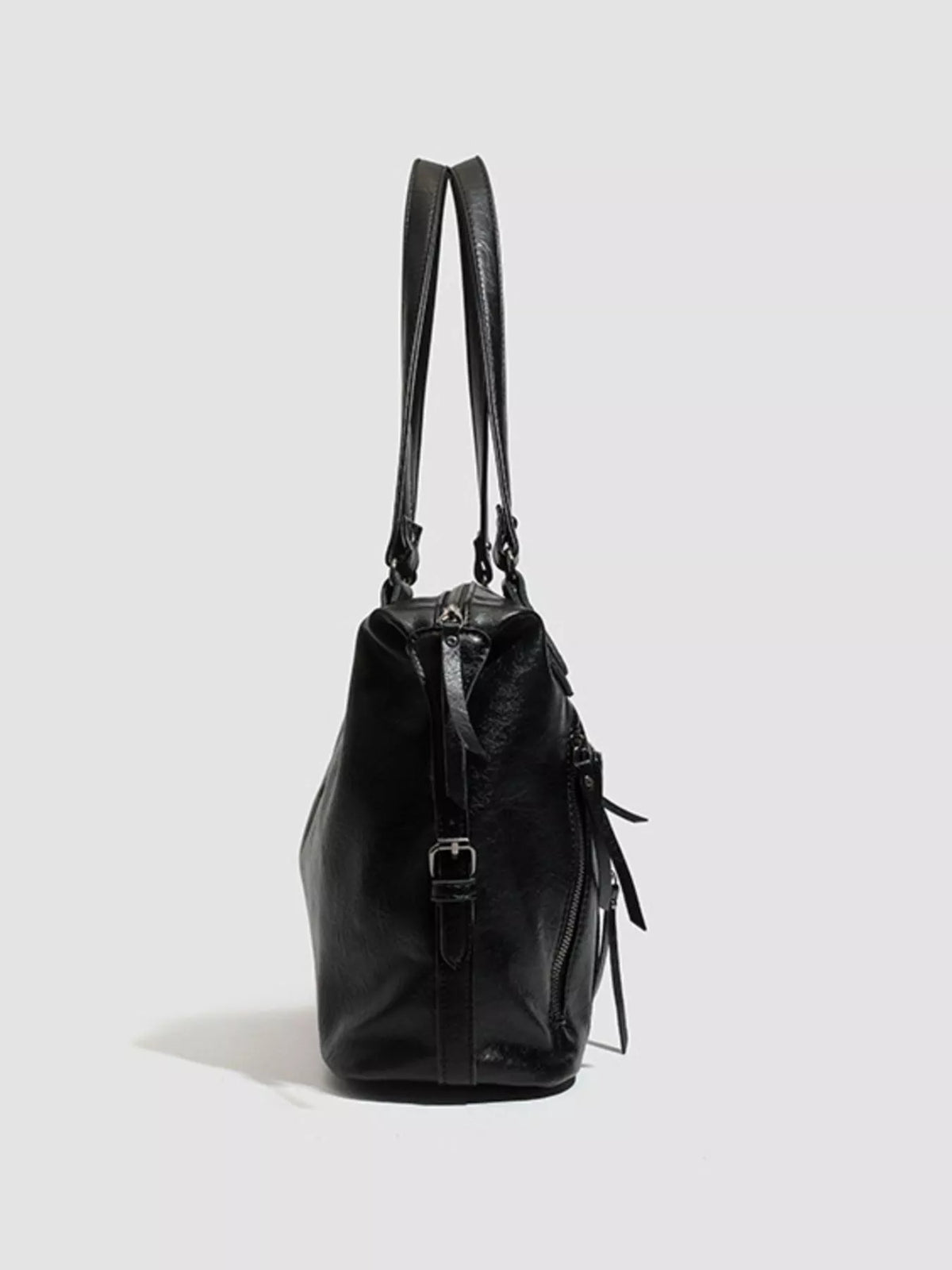 Multi-Pocket Zippered Shoulder Bag in Black, view 3
