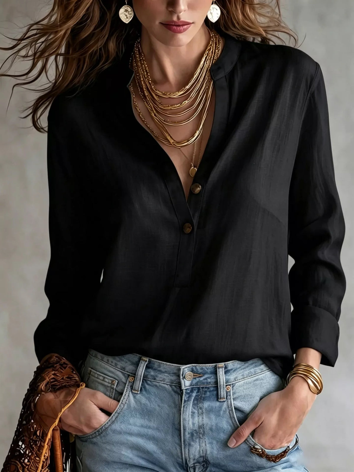 Button Detail Long Sleeve Blouse - Lilixa.store