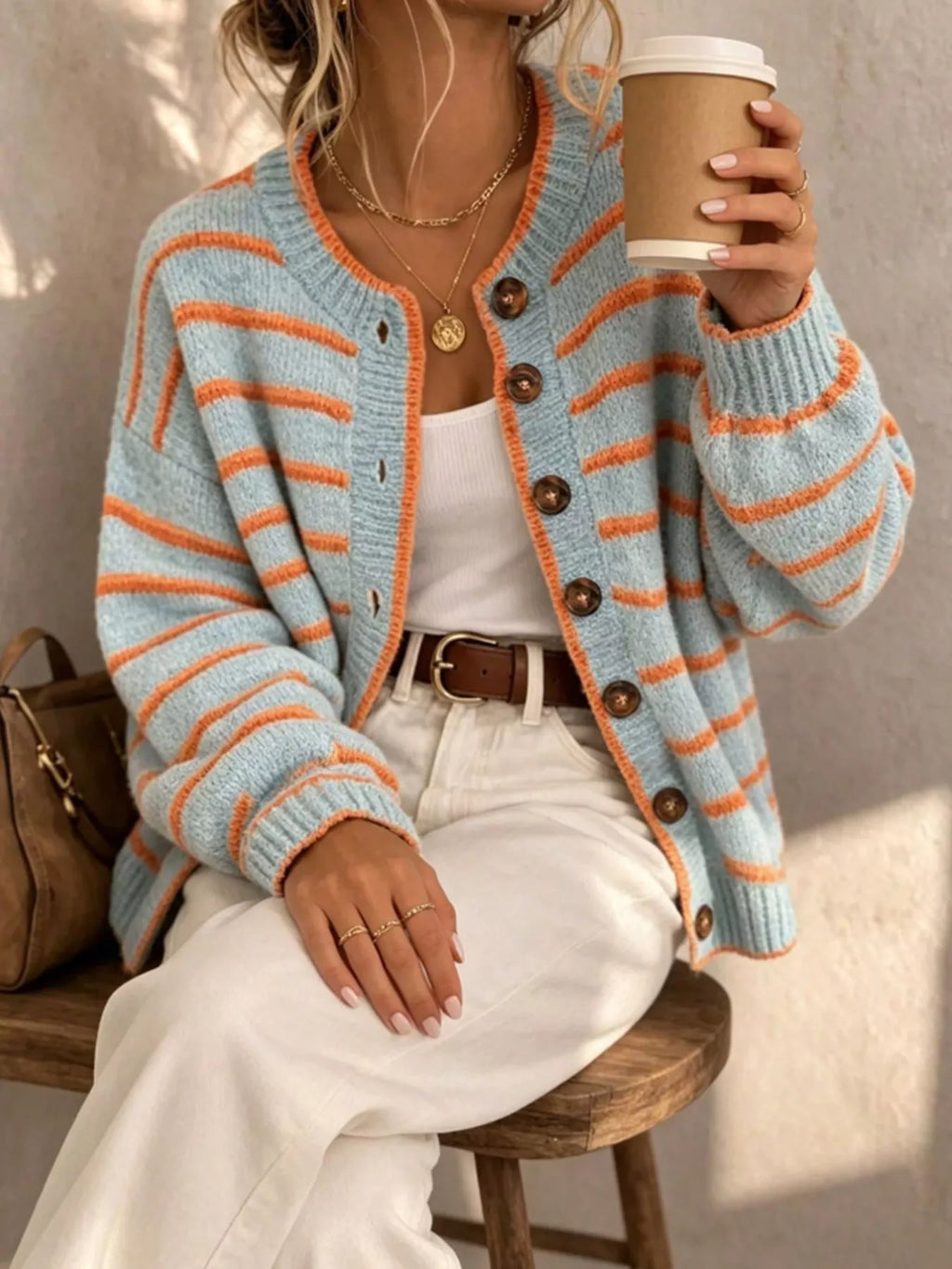 Striped Button-Down Knit Cardigan - Lilixa.store