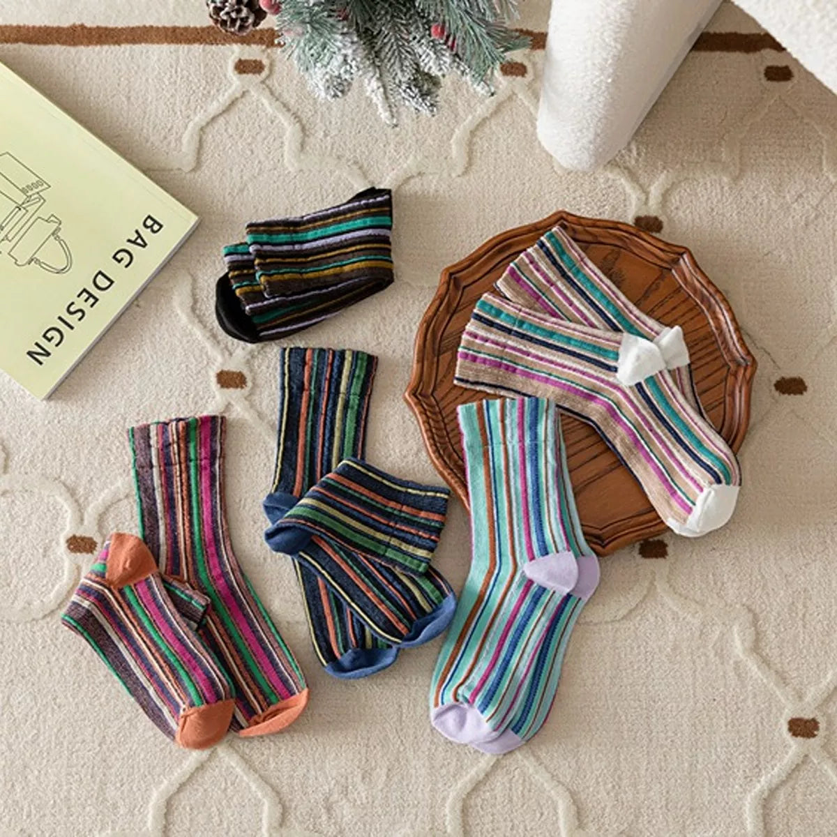 Multi-Color Striped Cotton Crew Socks - Lilixa.store