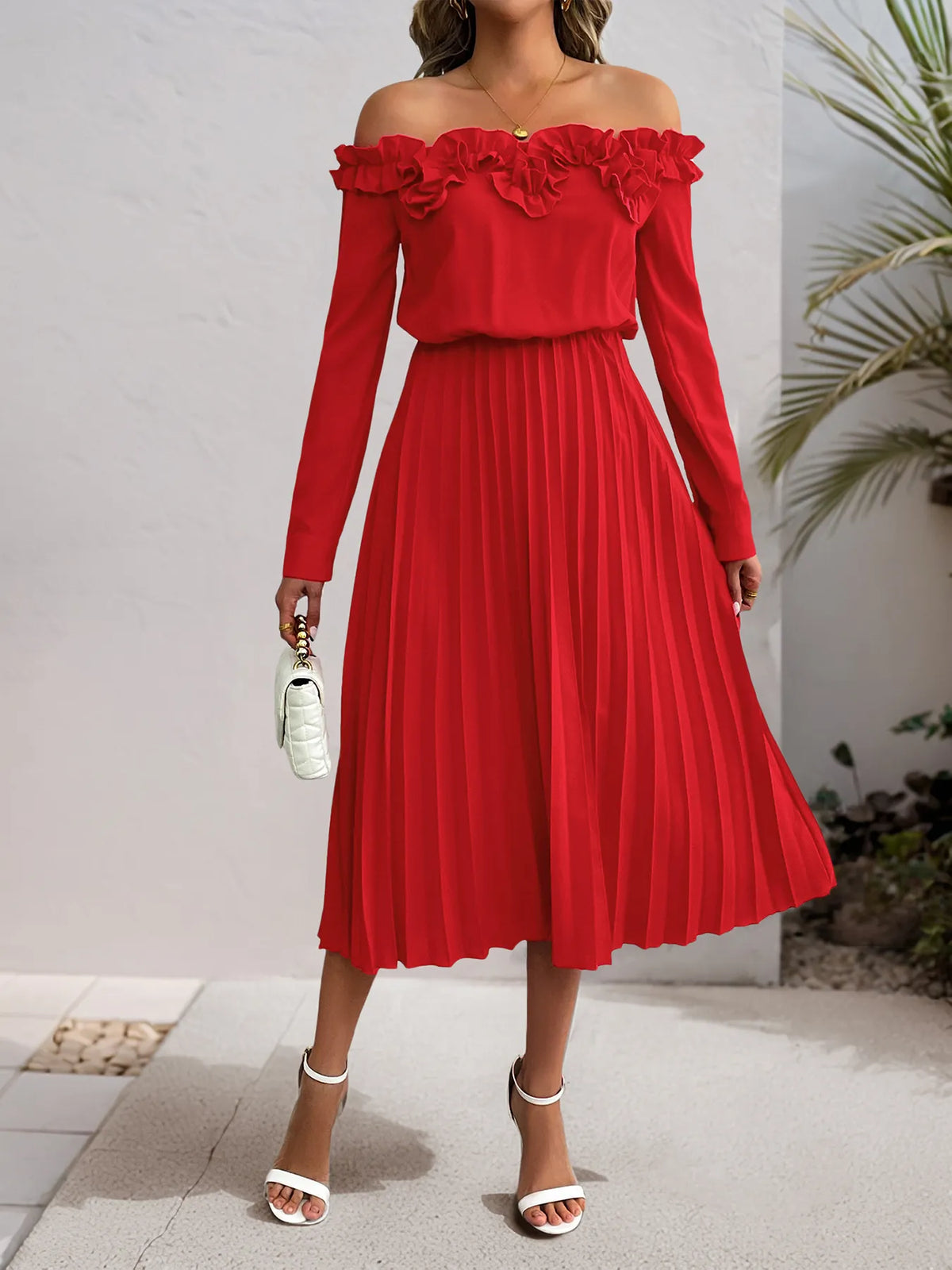 Off-Shoulder Ruffle Pleated Midi Dress - Lilixa.store