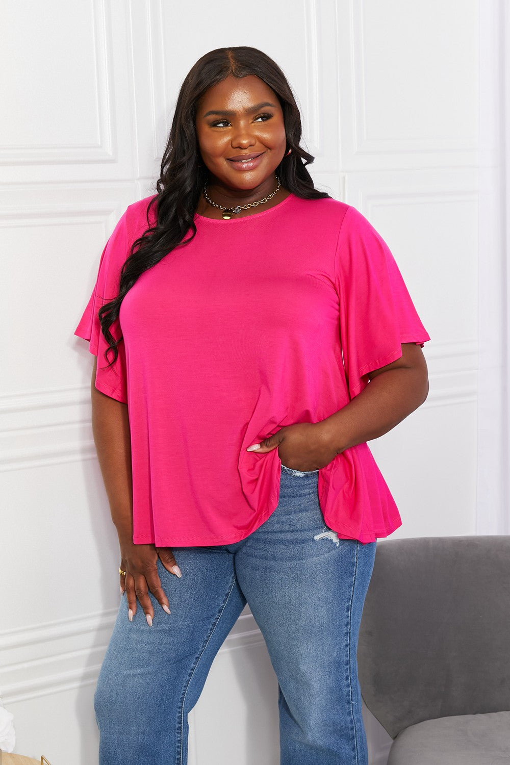 Yelete Full Size More Than Words Flutter Sleeve Top in Hot Pink, view 5