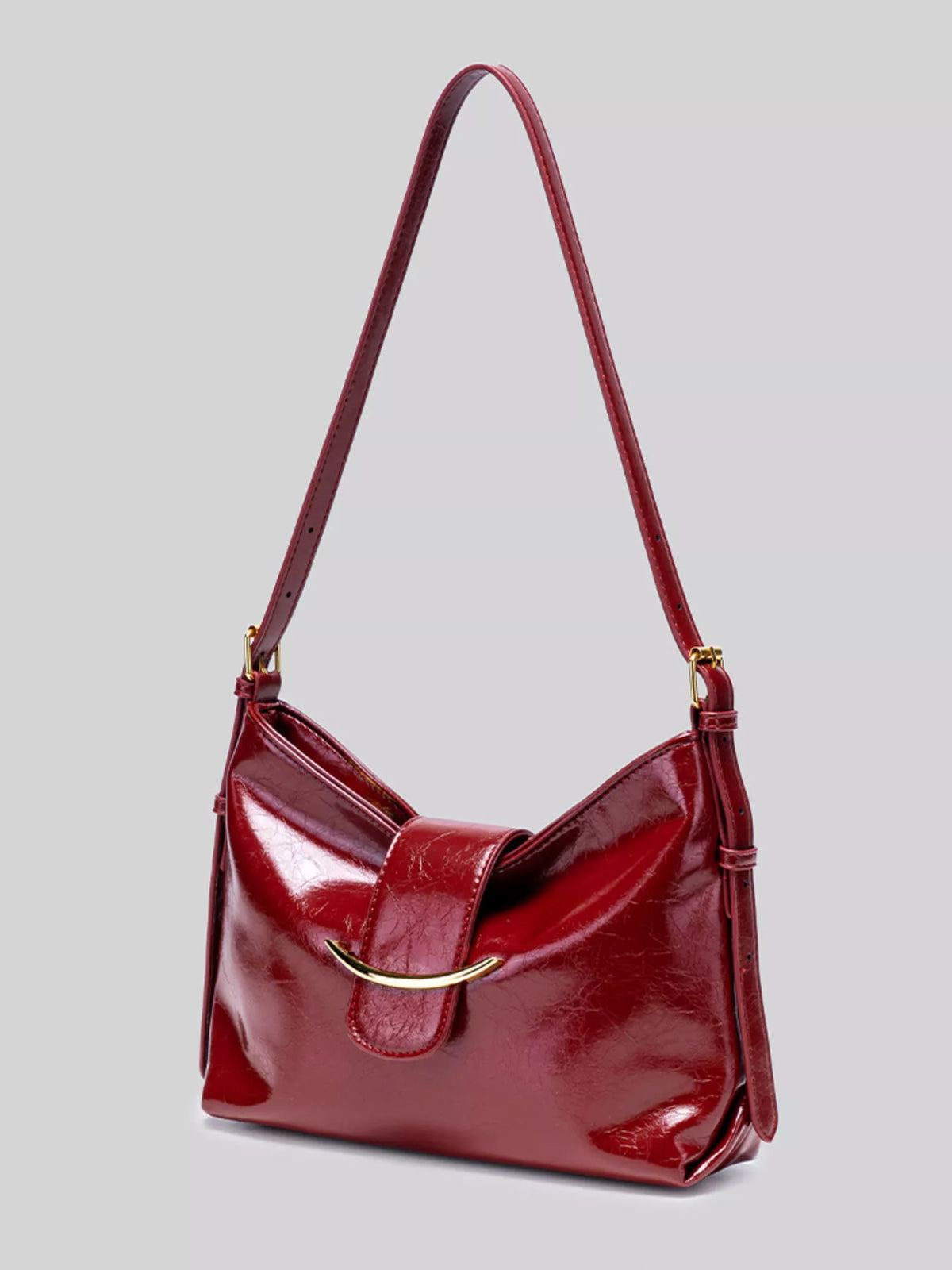 Elegant Glossy Patent Leather Shoulder Bag with Crescent Gold Accent in Wine Red, view 2