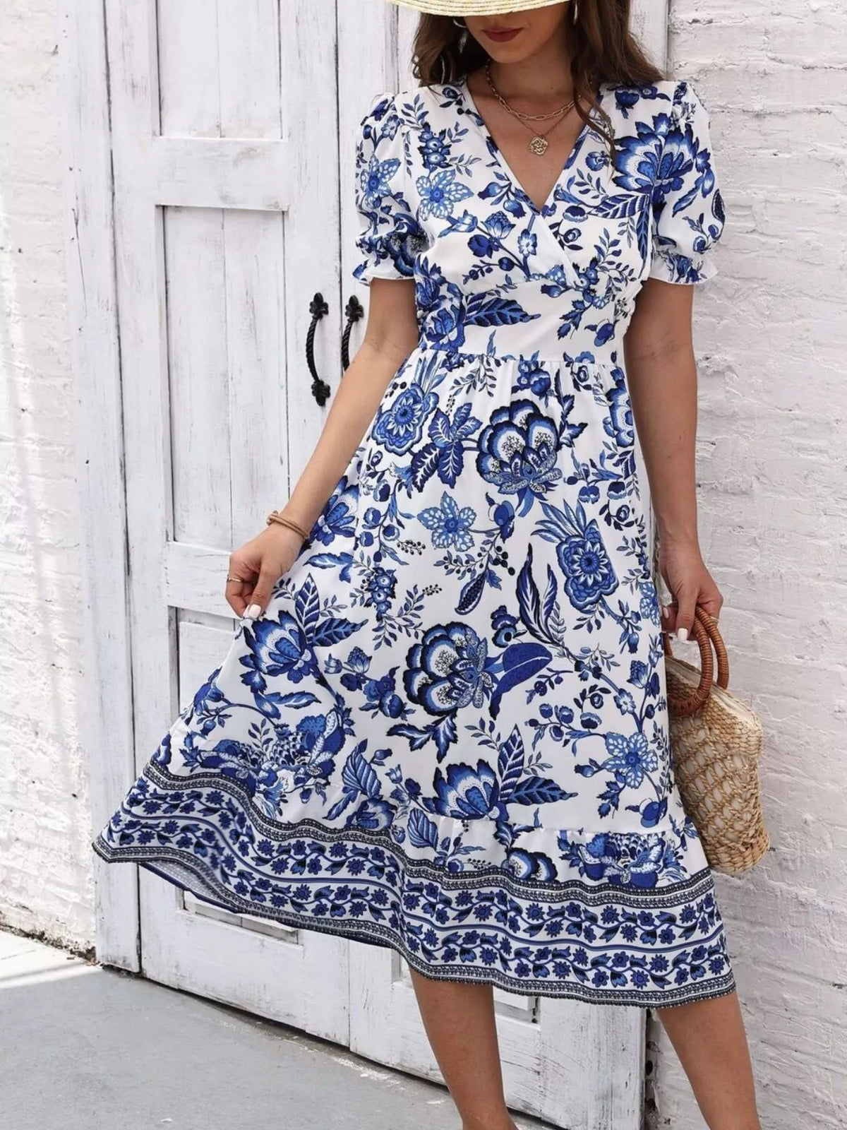 Floral Print Puff Sleeve Wrap Midi Dress