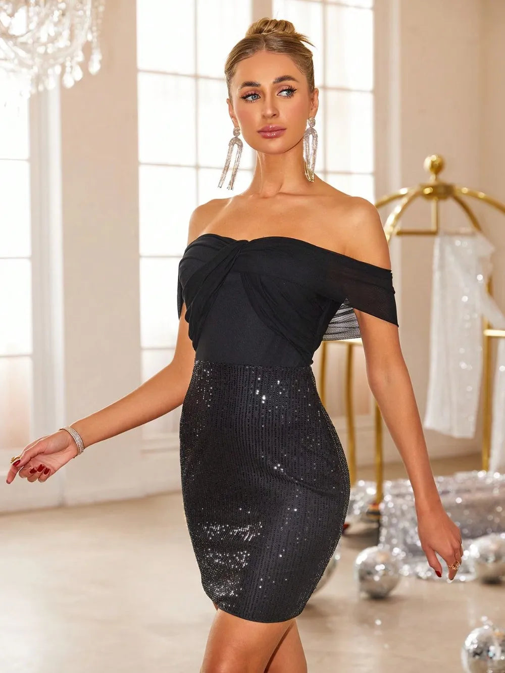 Backless Sequin Off Shoulder Short Sleeve Dress - Lilixa.store