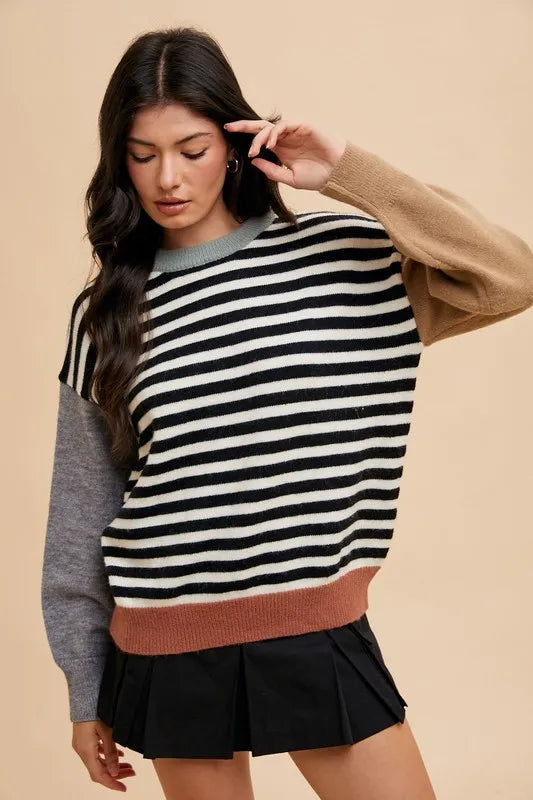 Annie Wear Striped Color Block Round Neck Sweater - Lilixa.store