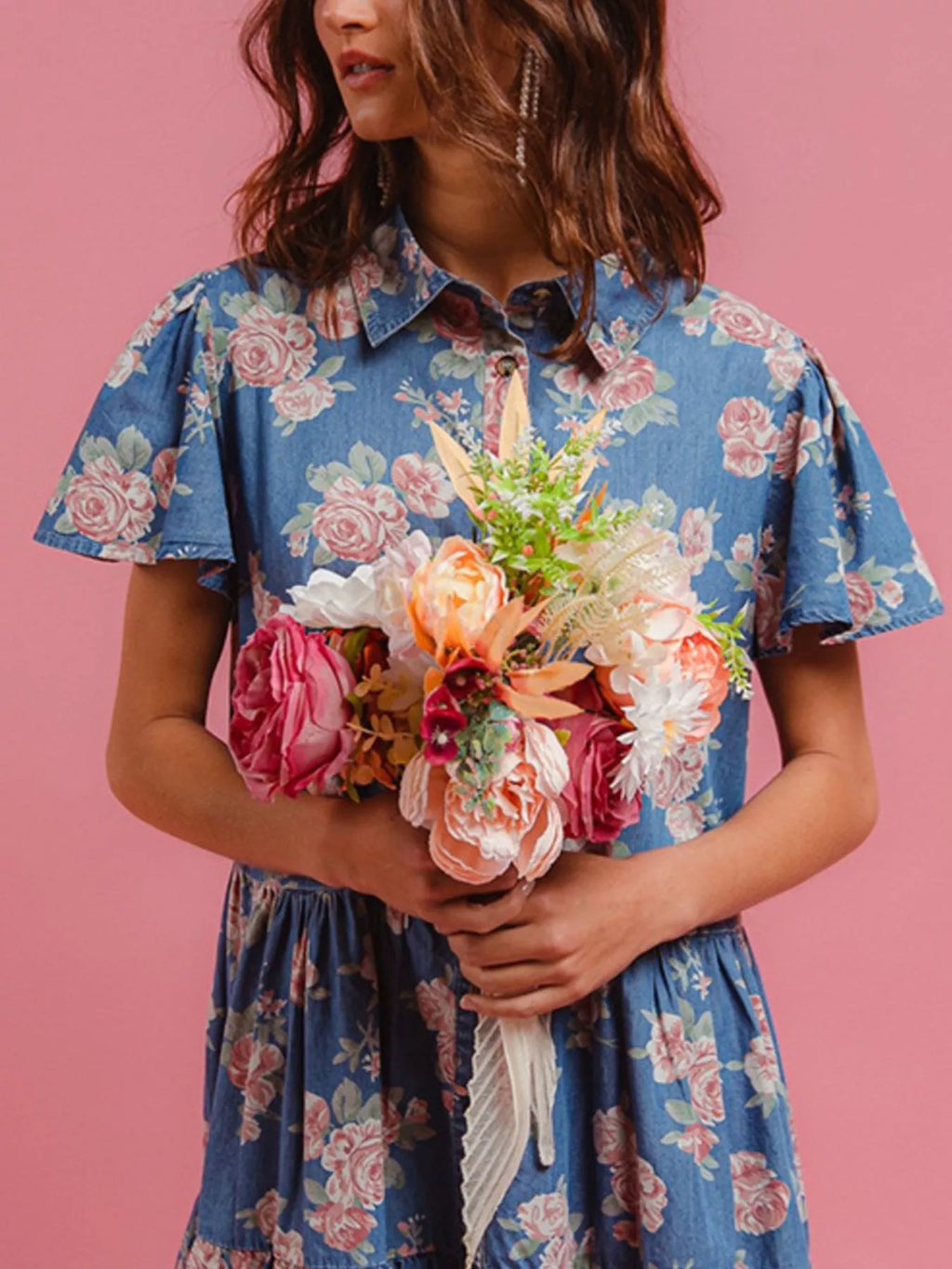 Floral Print Denim Button-Down Tiered Mini Dress - Lilixa.store