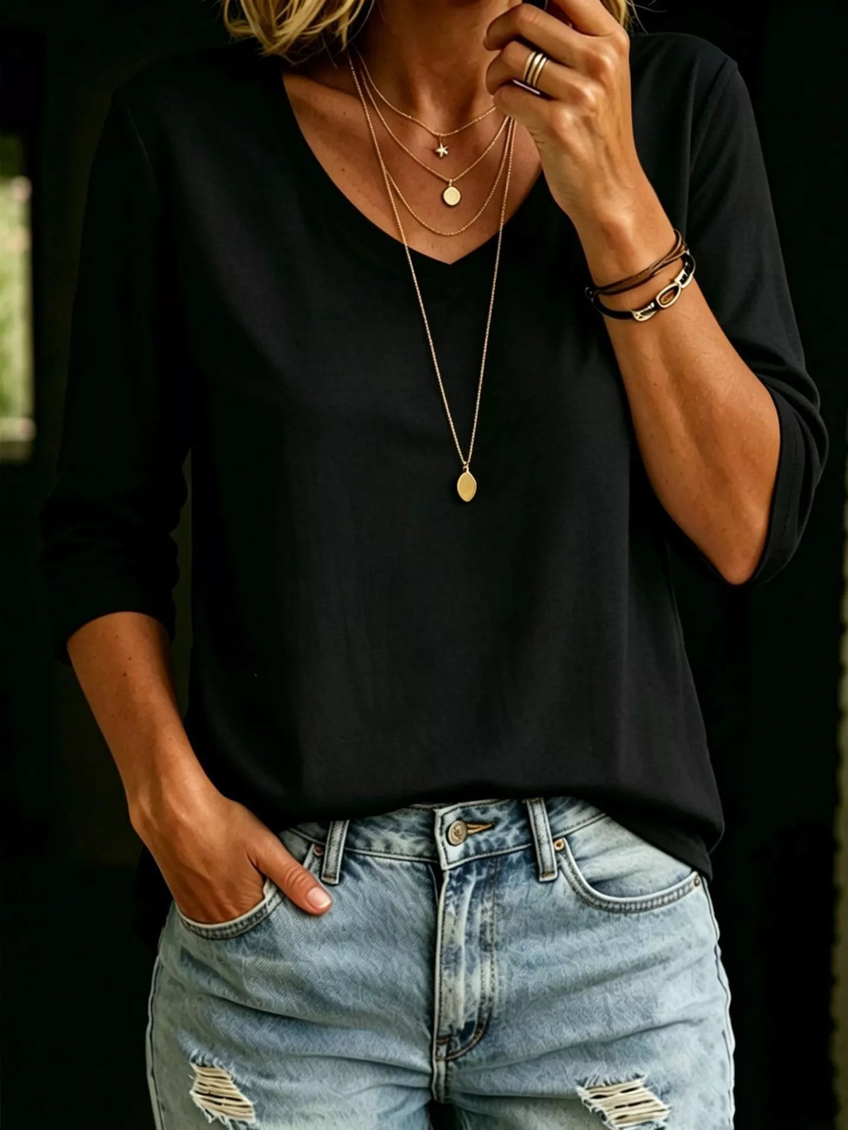 Full Size V-Neck 3/4 Sleeve T-Shirt Plus Size - Lilixa.store