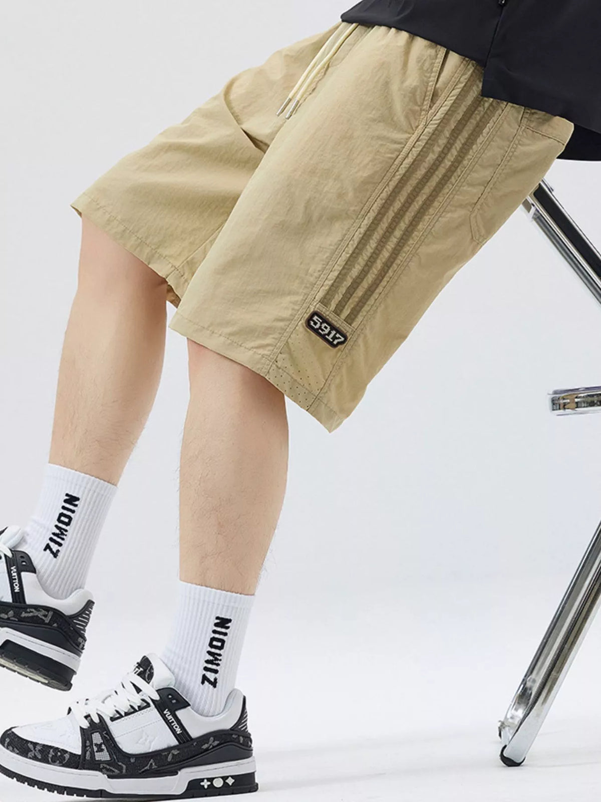 Men's Full Size Casual Loose-Fit Drawstring Shorts with Stripe Detail Plus Size in Khaki