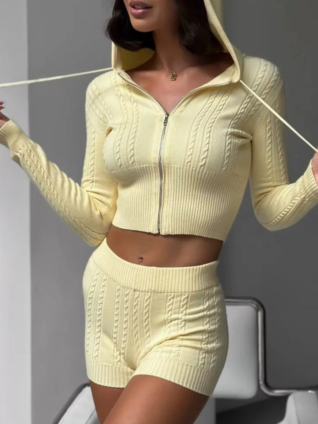 Cable Knit Zip-Up Hooded Top and Shorts Lounge Set - Lilixa.store