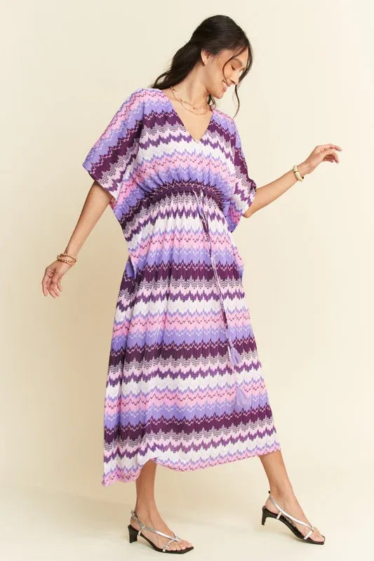 Davi & Dani Multi Color Wavy Tie Waist Flowy Sleeve Dress - Lilixa.store