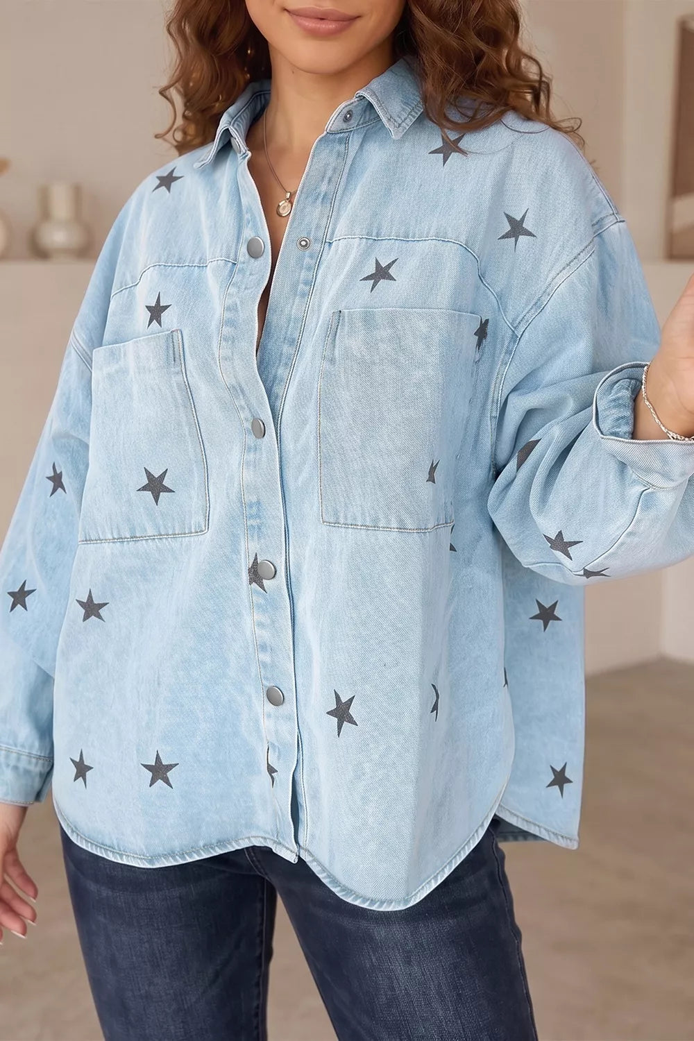 Light Wash Star Print Denim Jacket in Light Blue