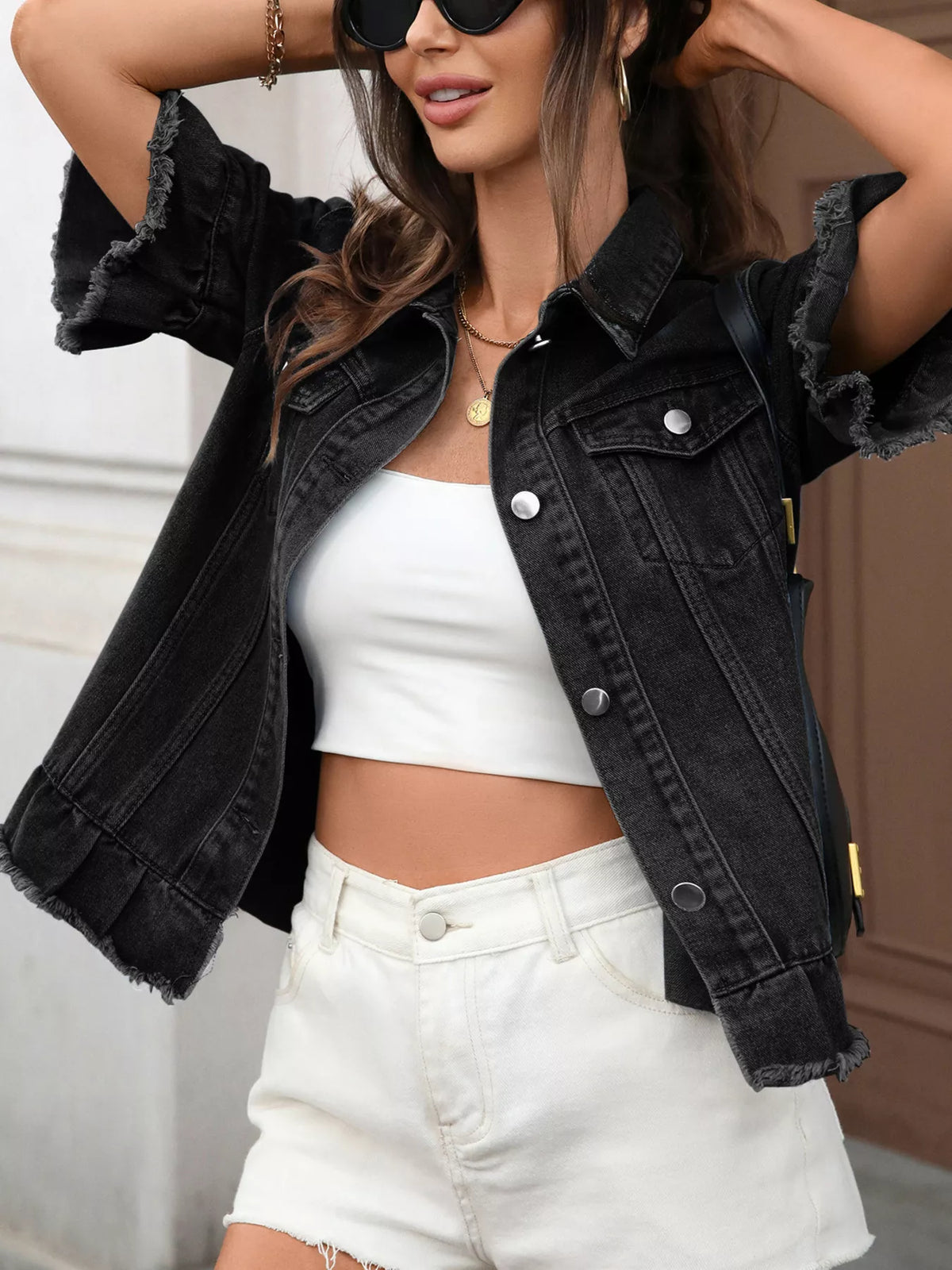 Raw Hem Button Up Denim Jacket, view 7