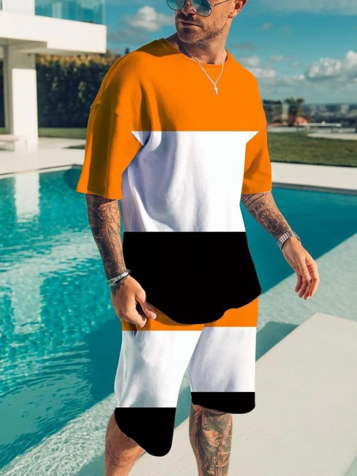 Men's Full Size Color Block Tee and Shorts Set Plus Size - Lilixa.store