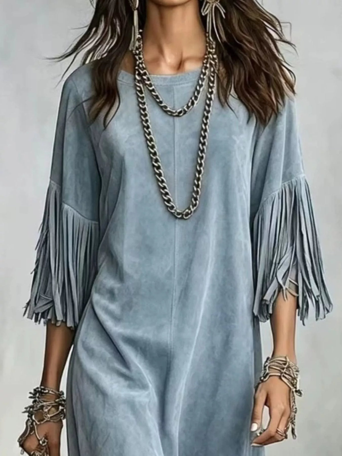 Fringed Round Neck Midi Dress - Lilixa.store