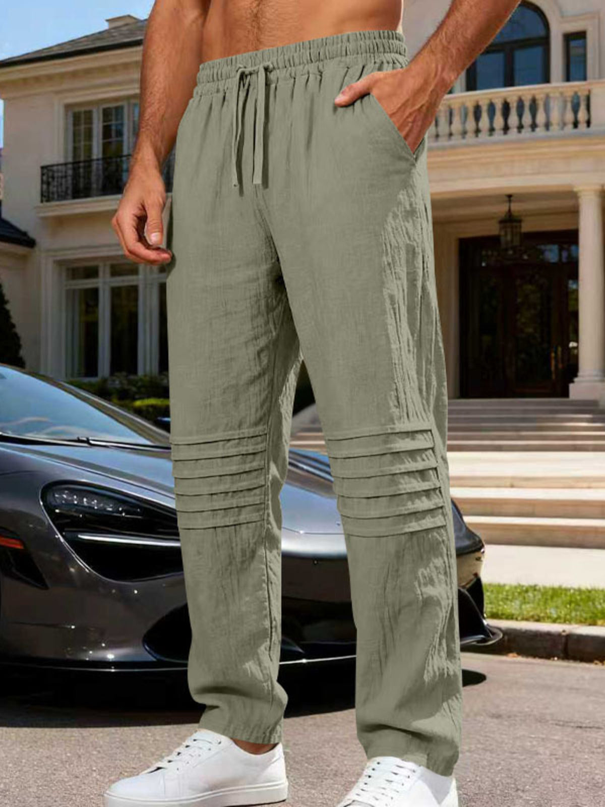 Men's Full Size Casual Drawstring Pants Plus Size in Army Green