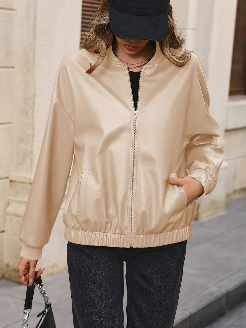 Ivy Lane Zip Up Baseball Collar Dropped Shoulder Jacket, view 2