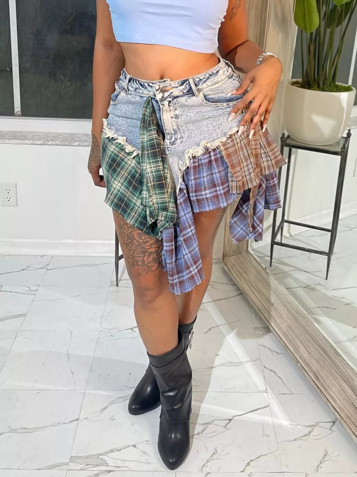 Asymmetrical Patchwork Plaid Denim Skirt - Lilixa.store