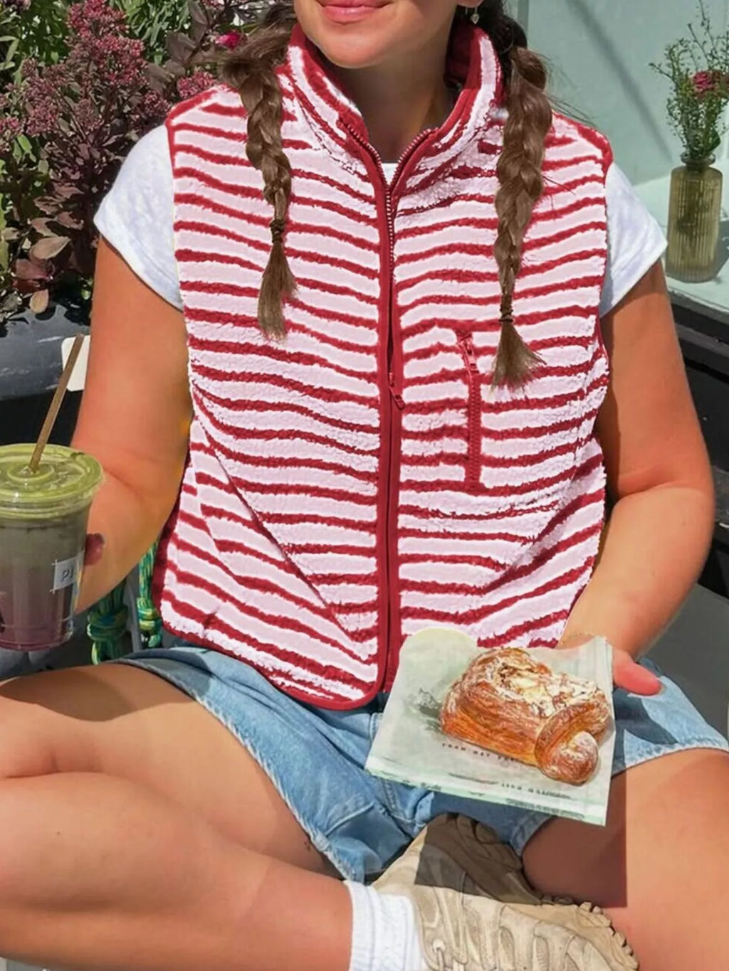 Striped Fleece Zip-Up Vest Coat - Lilixa.store