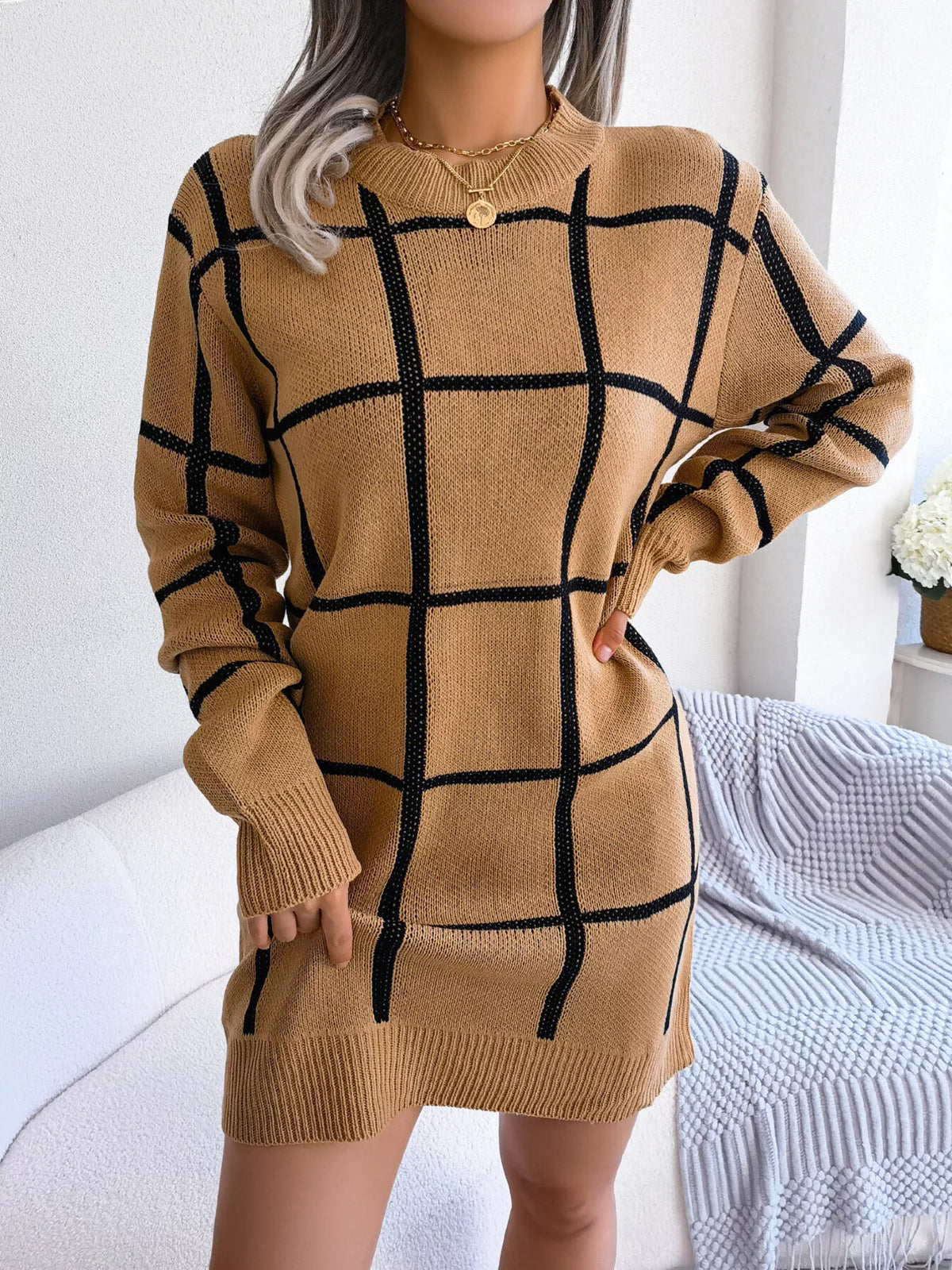 Plaid Pattern Long Sleeve Sweater Dress in Camel