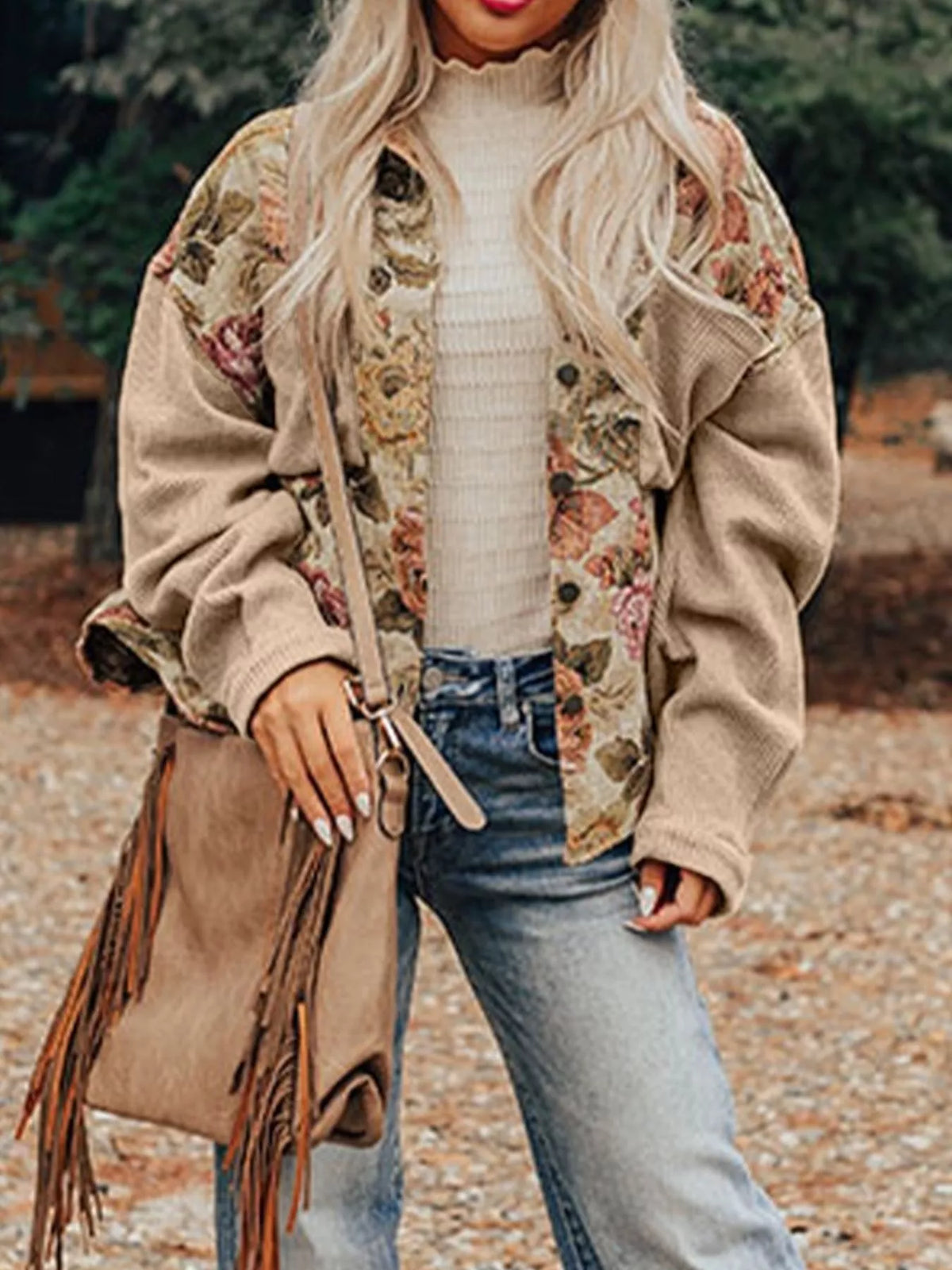 Floral Waffle Knit Patchwork Chest Pockets Buttoned Jacket in Tan, view 3