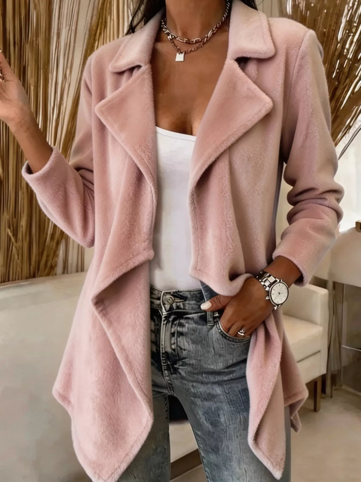 Full Size Fleece Waterfall Collar Outerwear Plus Size in Pink