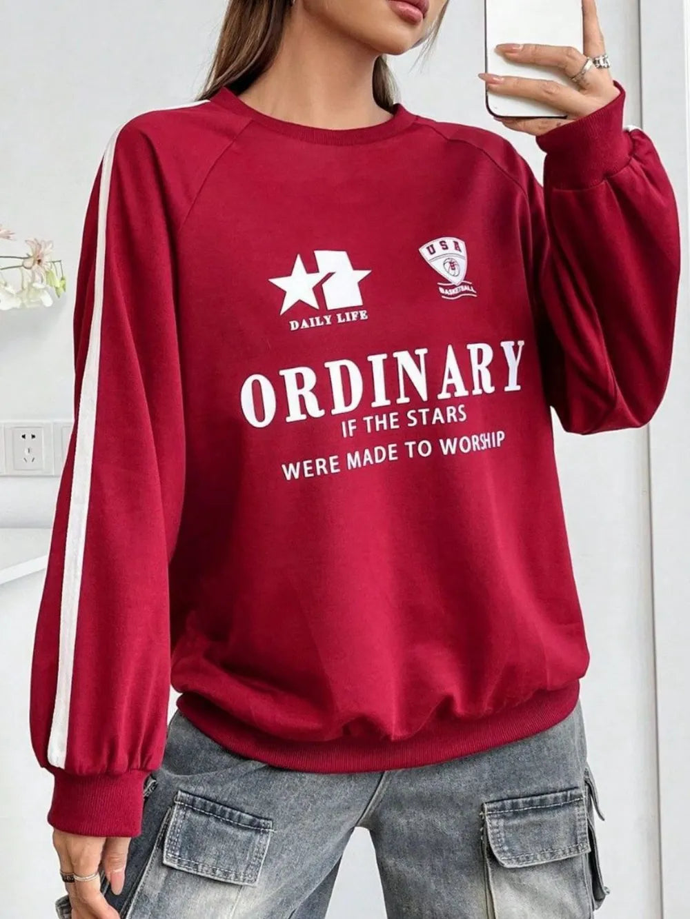 Letter Graphic Round Neck Long Sleeve Sweatshirt - Lilixa.store