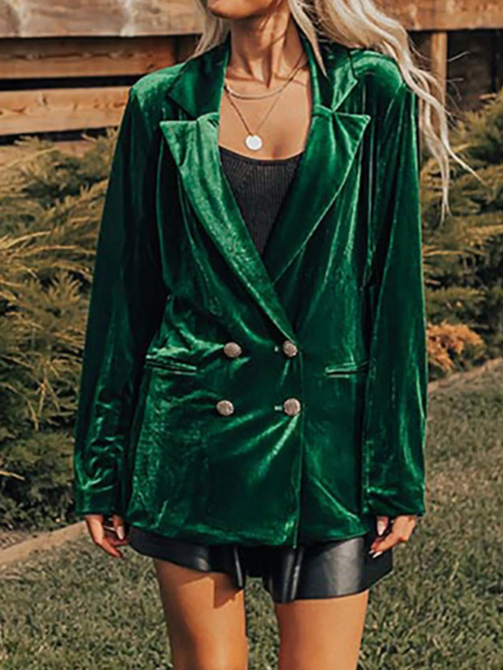 Velvet Lapel Collar Button Up Blazer - Lilixa.store