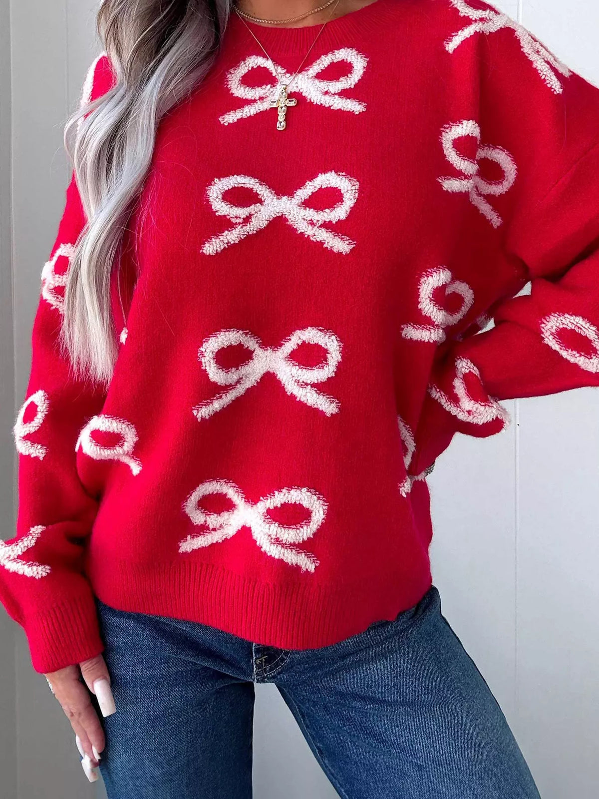 Bow Dropped Shoulder Round Neck Shift Sweater