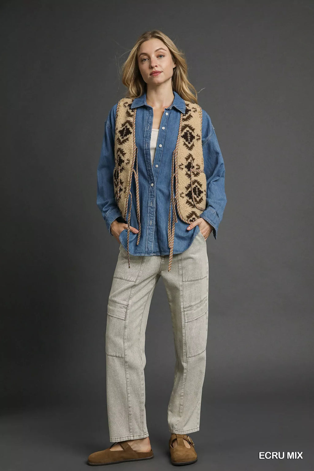 Umgee Mix Patterned Sherpa Tie-Front Vest - Lilixa.store